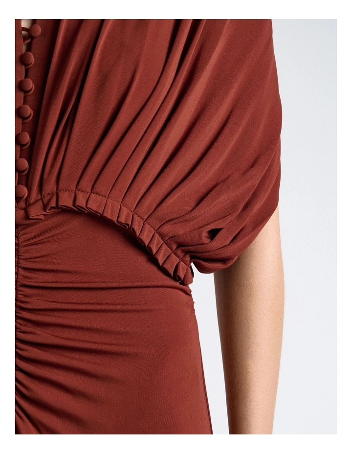 Jersey Pleated Ruched Midi Dress in Red image 4
