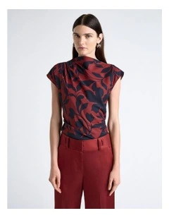 Ink Stencil Floral Draped Neck Top