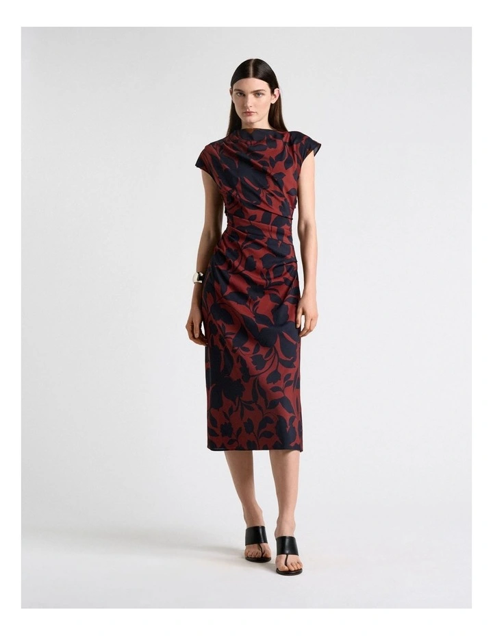 Ink Stencil Floral Draped Midi Dress image 1