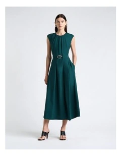 Viscose Blend Tucked Midi Dress in Green