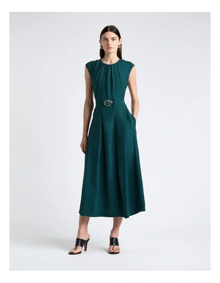 Viscose Blend Tucked Midi Dress in Green image 1