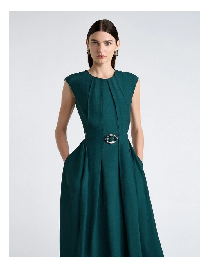 Viscose Blend Tucked Midi Dress in Green image 3