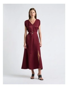 Viscose Blend Belted V-Neck Midi Dress