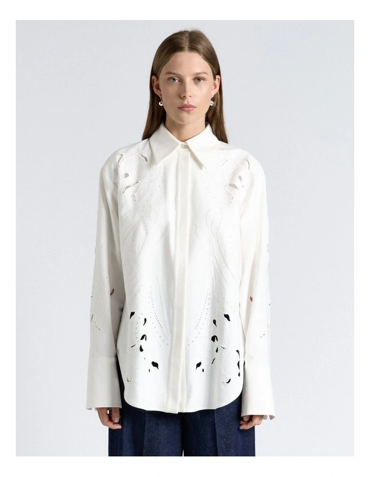 Cotton Embroidered Cutwork Shirt in White image 1