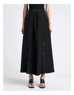Viscose Blend Topstitched Midi Skirt in Black