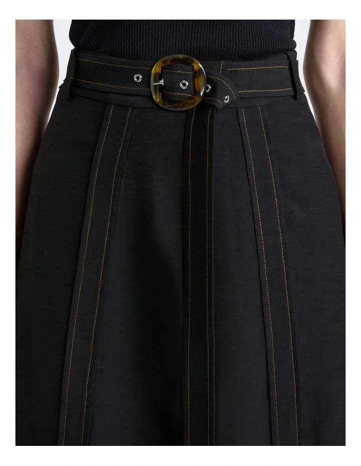 Viscose Blend Topstitched Midi Skirt in Black image 3