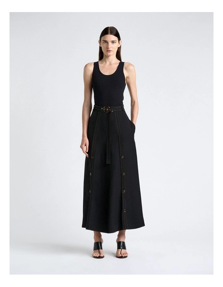Viscose Blend Topstitched Midi Skirt in Black image 4