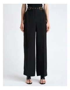 Viscose Blend Topstitched Straight Leg Pant in Black