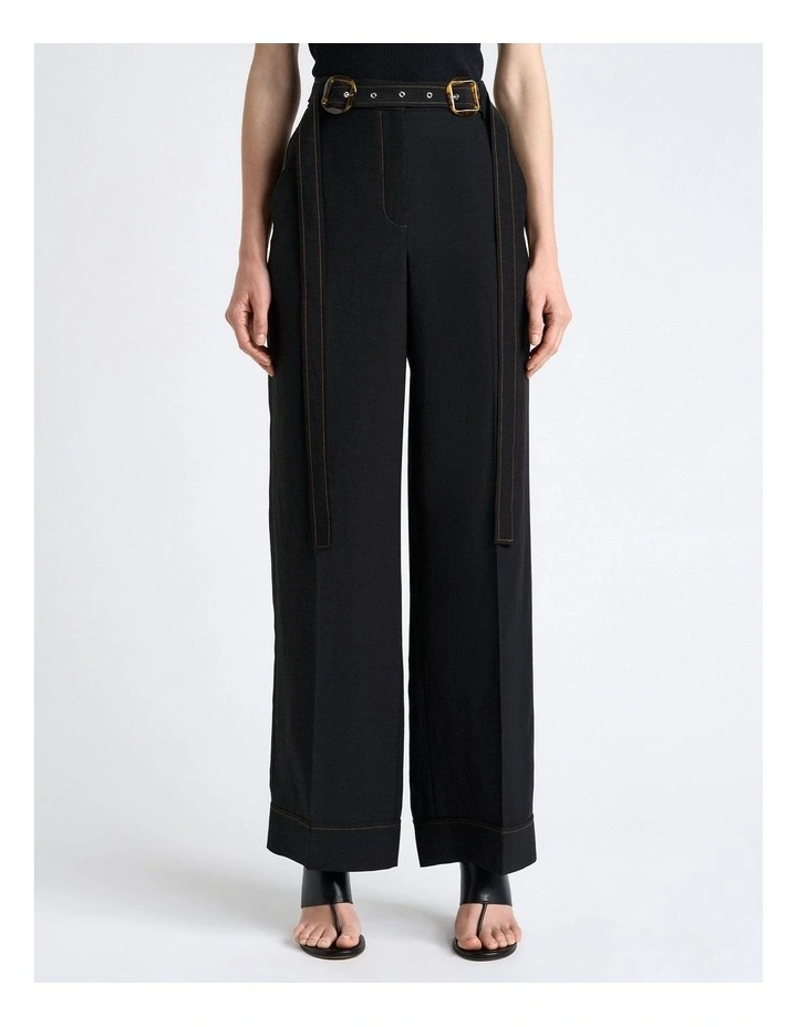 Viscose Blend Topstitched Straight Leg Pant in Black image 1
