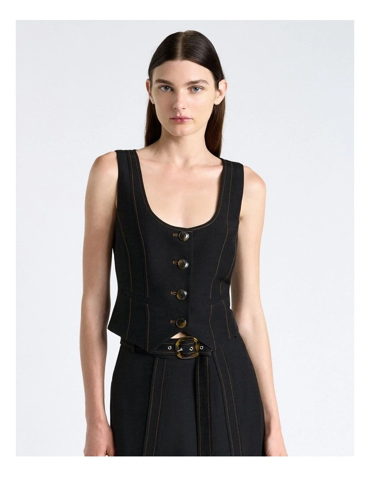 Viscose Blend Topstitched Waistcoat in Black image 1