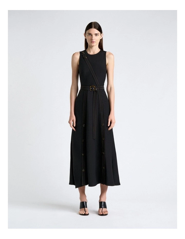 Viscose Blend Topstitched Midi Dress in Black image 1