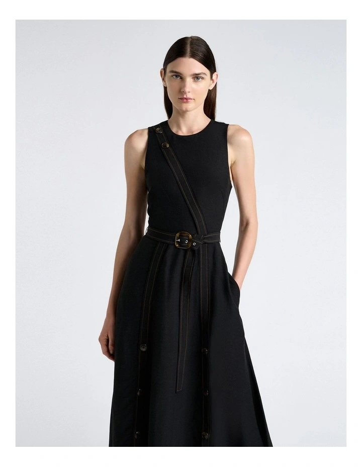 Viscose Blend Topstitched Midi Dress in Black image 3
