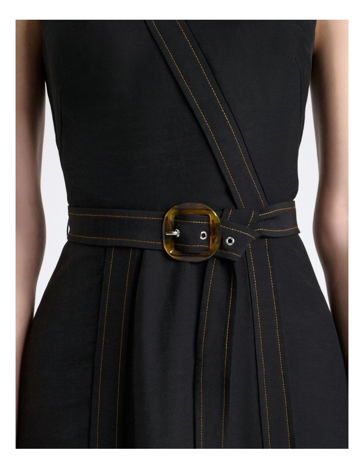 Viscose Blend Topstitched Midi Dress in Black image 5