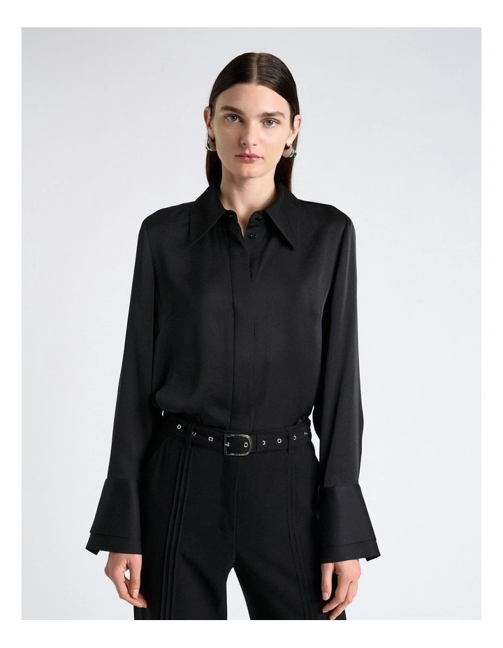 Black Satin Double Cuff Shirt in Black image 1