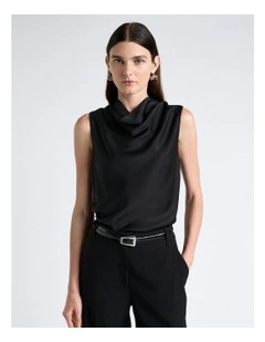 Satin Cowl Neck Top in Black