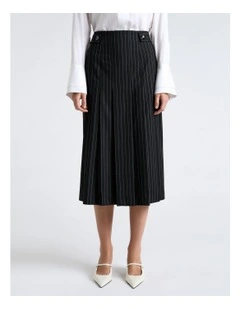 Pinstripe Pleated Midi Skirt
