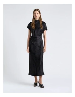 Satin Pinstripe Draped Midi Dress