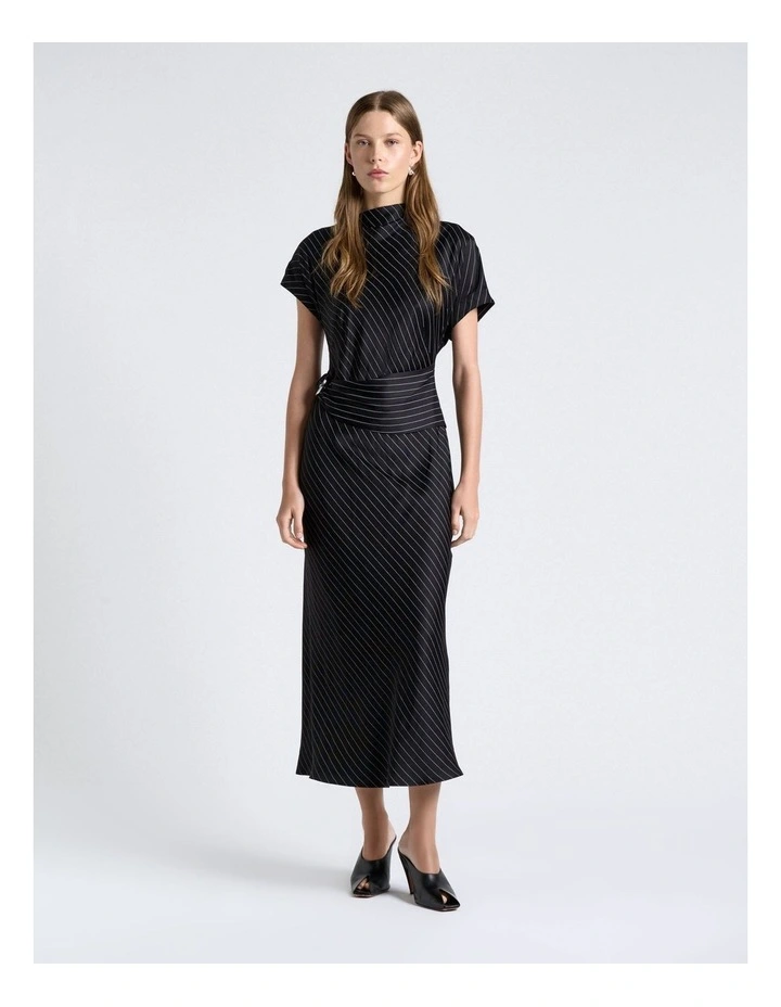 Satin Pinstripe Draped Midi Dress image 1