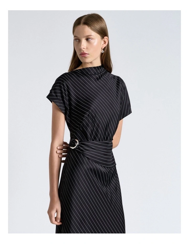 Satin Pinstripe Draped Midi Dress image 3