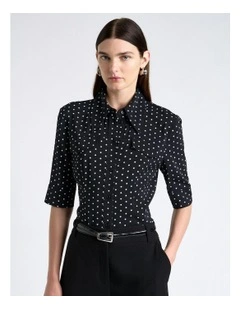 Stretch Viscose Spot Short Sleeve Fitted Shirt