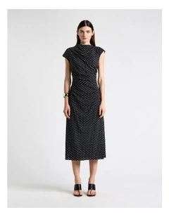 Stretch Viscose Spot Draped Midi Dress