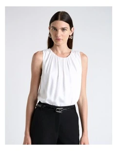 Satin Gathered Neck Top in White