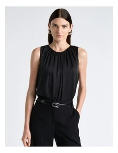 Satin Gathered Neck Top in Black