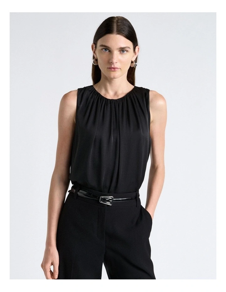 Satin Gathered Neck Top in Black image 1
