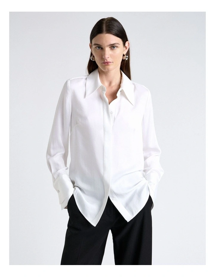 Ivory Satin Double Cuff Shirt in White image 5