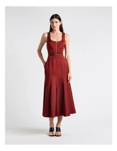 Satin Panelled Midi Dress in Red