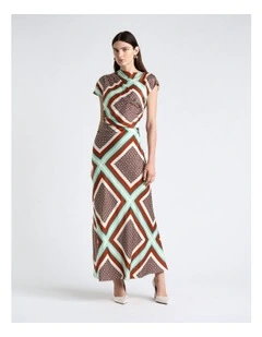 Geo Tile Draped Neck Midi Dress