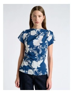 Blue Shadow Floral Draped Blouse