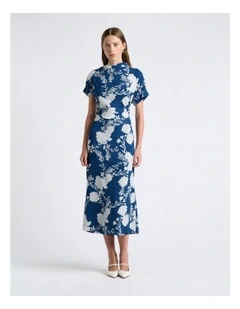 Blue Shadow Floral Draped Midi Dress