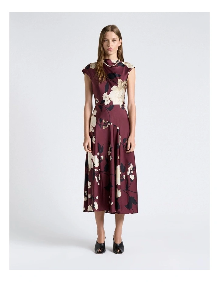 Maroon Peony Draped Midi Dress image 1