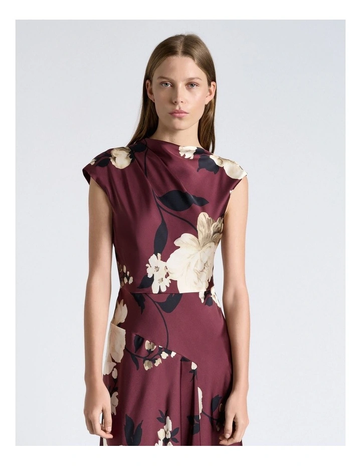 Maroon Peony Draped Midi Dress image 3