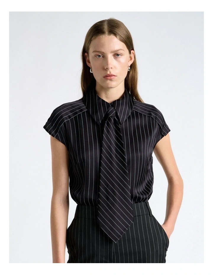 Pinstripe Satin Wide Tie in Black image 4