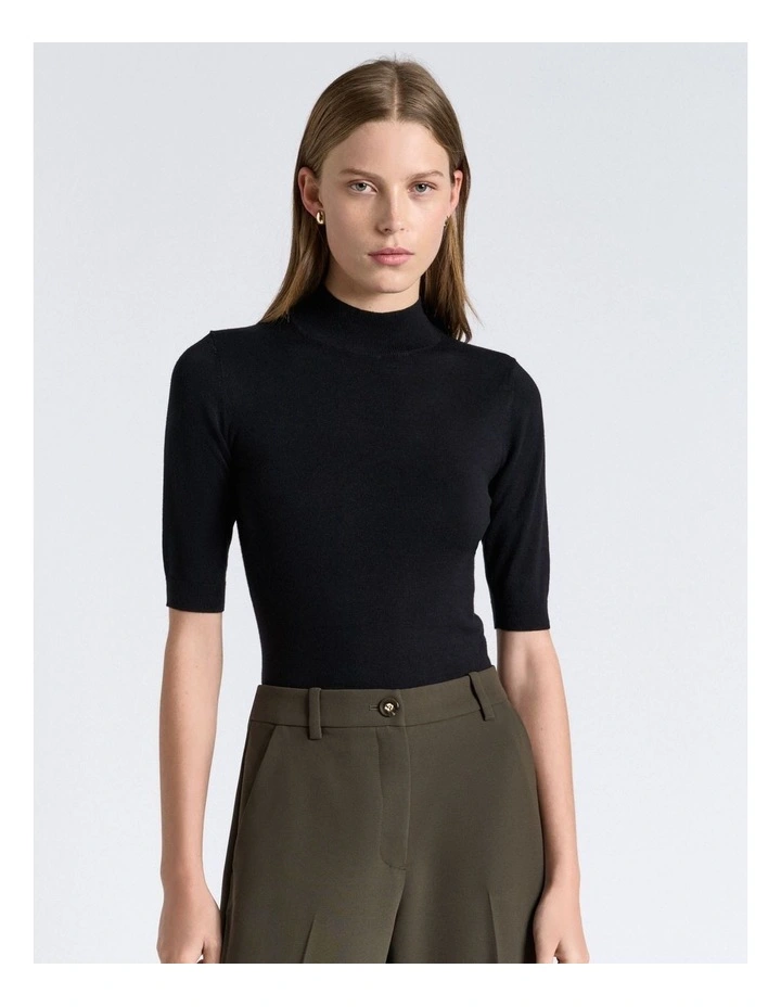 Elbow Sleeve Funnel Neck Knit Top in Black image 3
