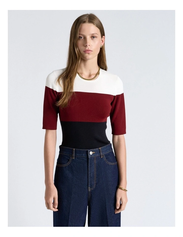 Colour Block Short Sleeve Knit in Maroon image 3