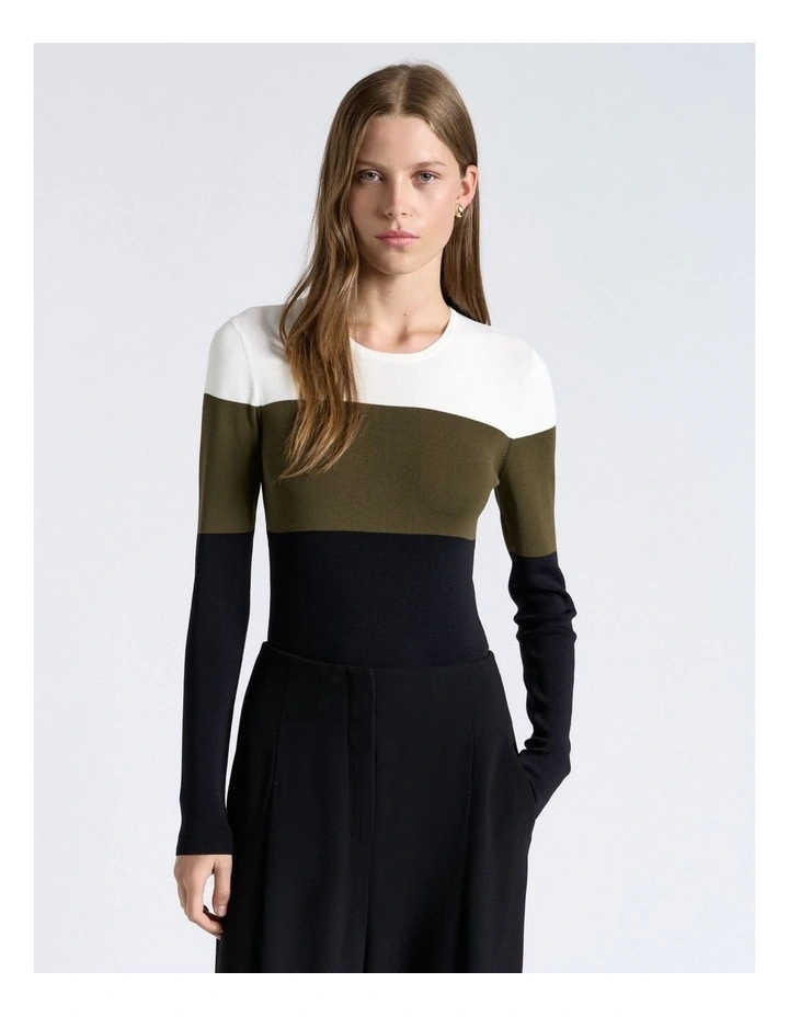 Colour Block Long Sleeve Knit in Khaki image 1
