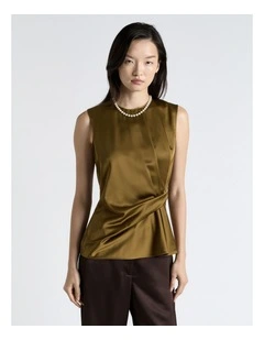 Chartreuse Matte Satin Viscose Twist Top in Green