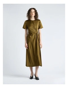 Matte Satin Viscose Draped Midi Dress in Green