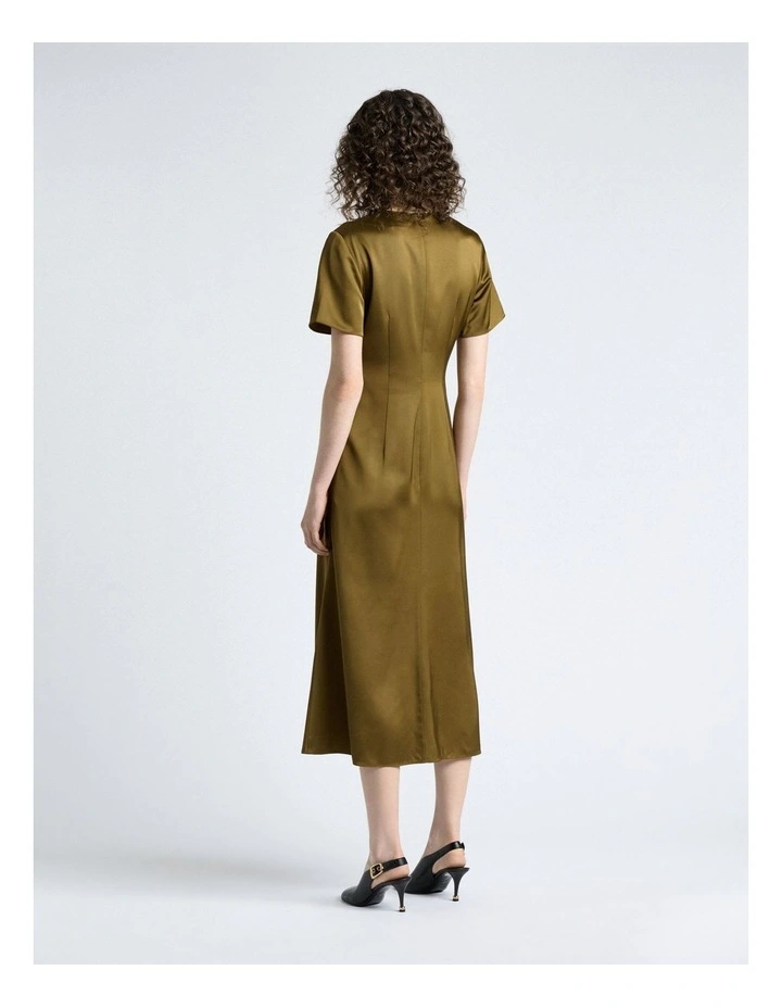 Matte Satin Viscose Draped Midi Dress in Green image 2