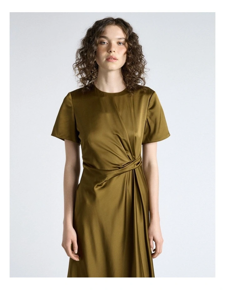 Matte Satin Viscose Draped Midi Dress in Green image 3