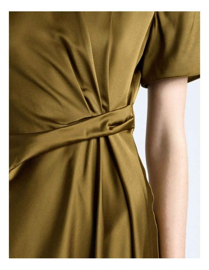 Matte Satin Viscose Draped Midi Dress in Green image 4