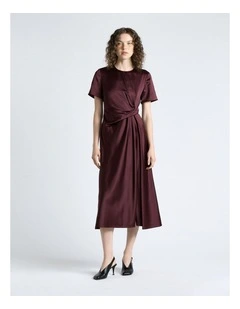 Matte Satin Viscose Twist Midi Dress in Maroon