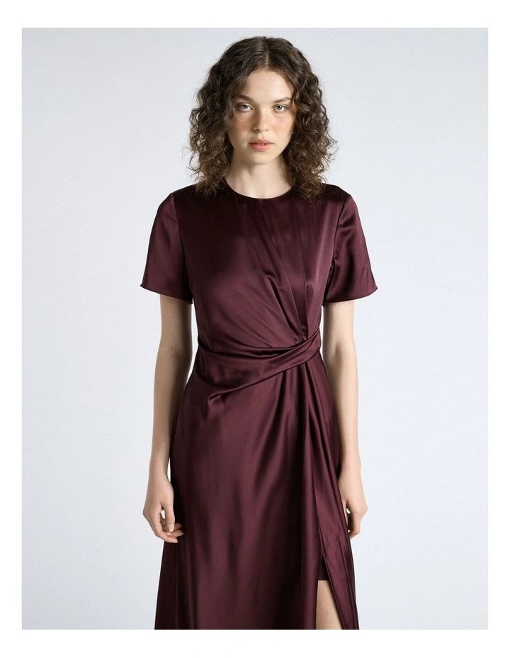 Matte Satin Viscose Twist Midi Dress in Red image 3