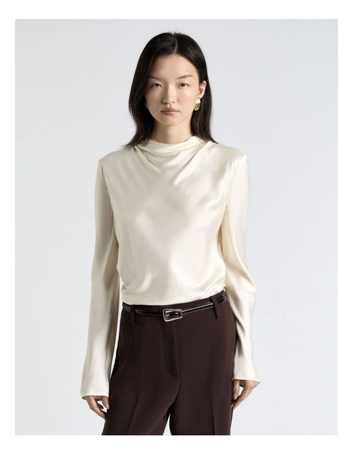 Satin Long Sleeve Top in Off White image 1