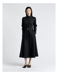 Stretch Sateen Belted Shirt Dress in Black