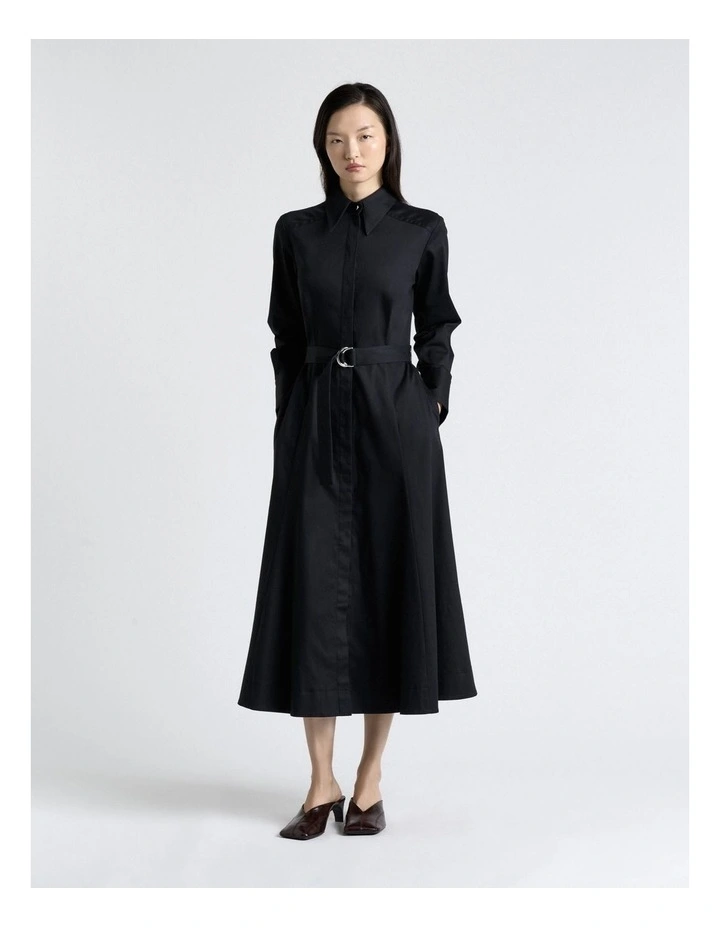 Stretch Sateen Belted Shirt Dress in Black image 1