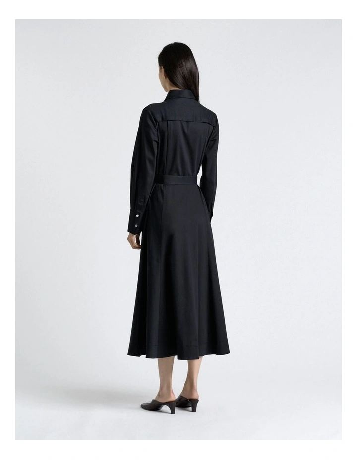 Stretch Sateen Belted Shirt Dress in Black image 2